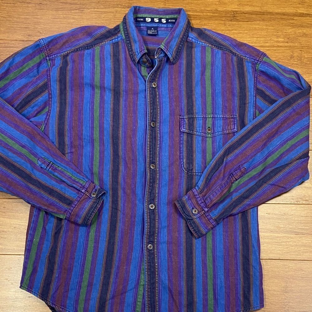 Vintage 90’s Basic 955 Jeans Striped 100% Cotton Button Up Shirt size Medium